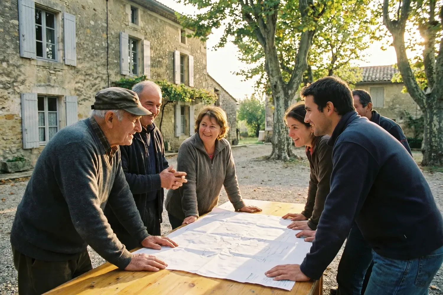 Des habitants de Feucherolles réunis autour d’un plan, à l’extérieur, dans le village